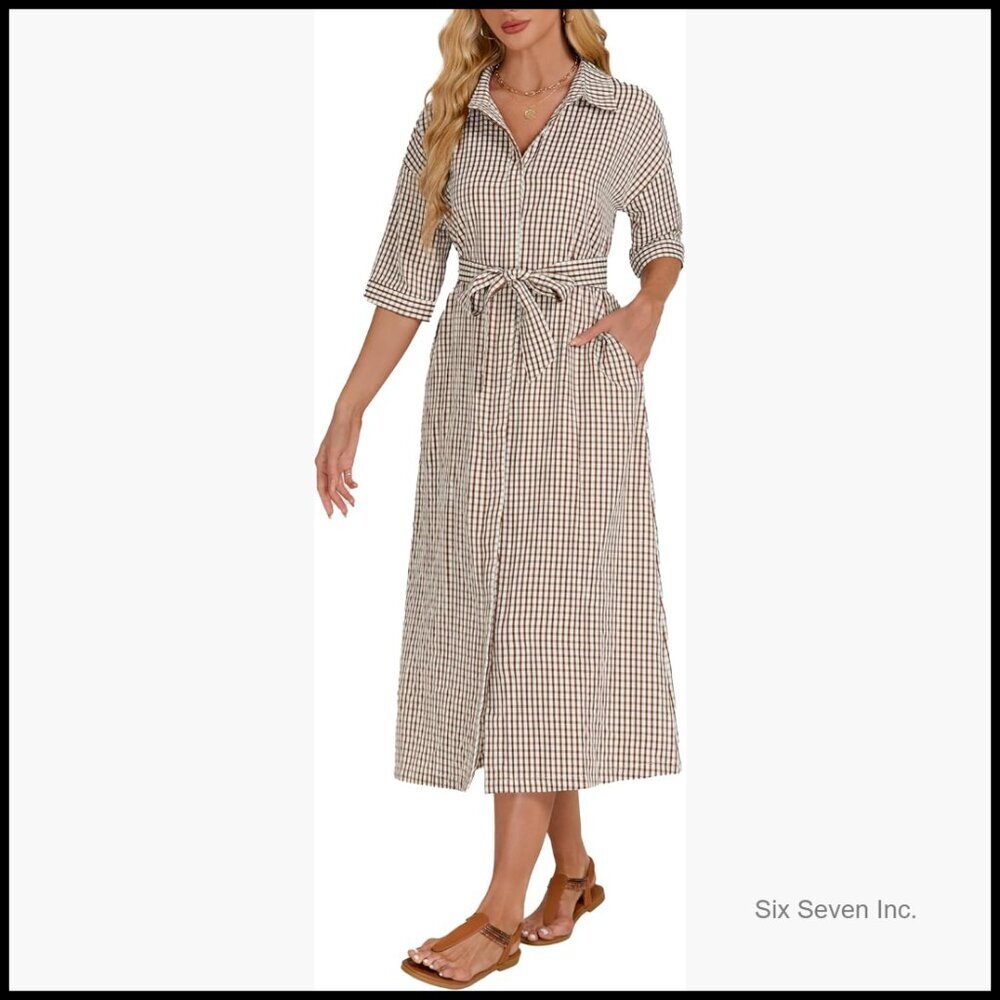 Half Sleeve Plaid Maxi Dress with Removable Belt and Pockets - Picture 1 of 7